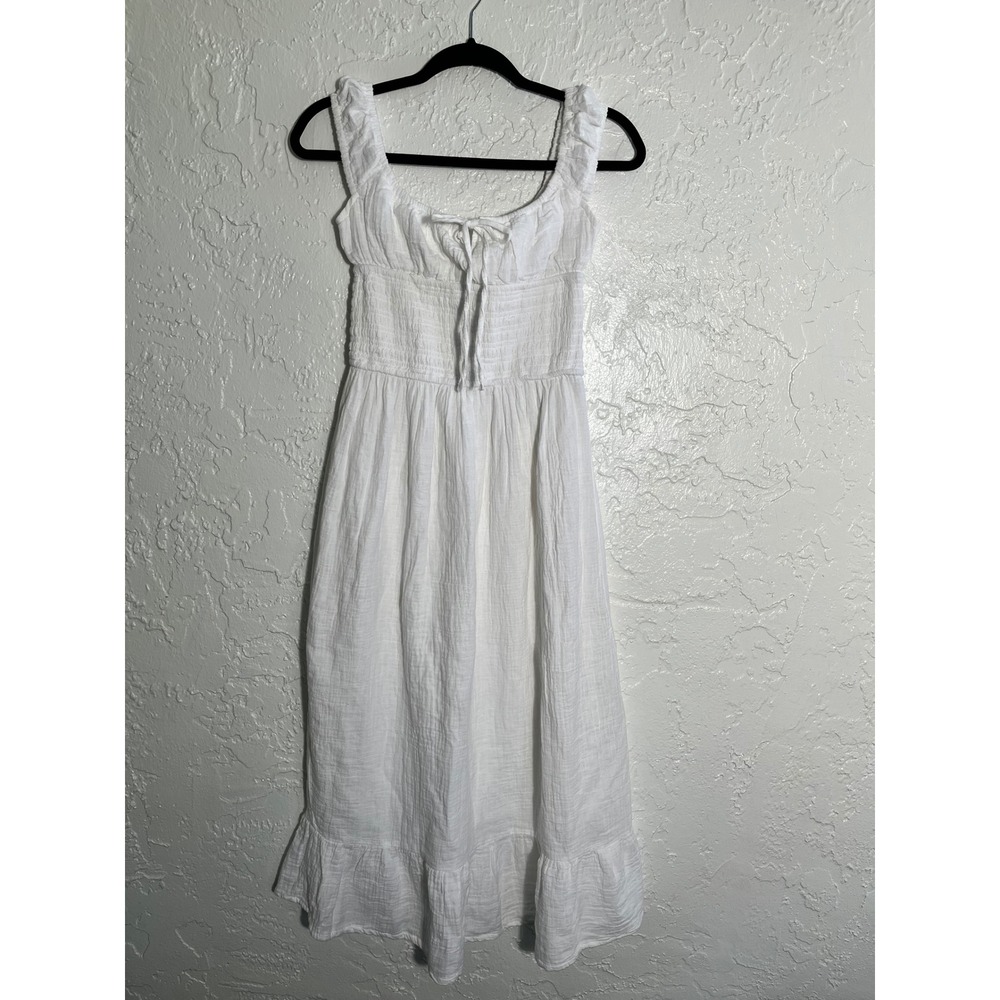 Japna White Cotton Gauze Midi Dress XS Smocked Waist Ruffle Hem Cottagecore